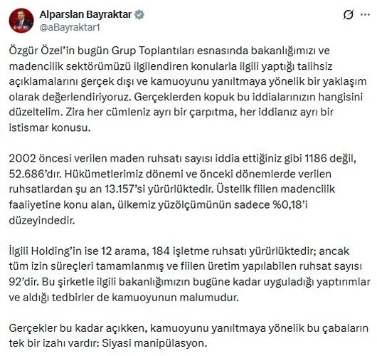 Bakan Bayraktar'dan Özgür Özel'e sert tepki: Her iddiası ayrı bir istismar