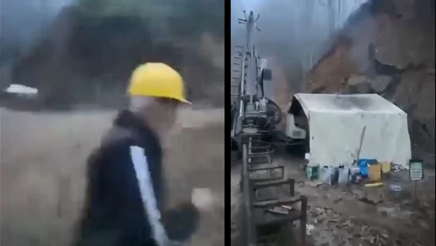 Giresun'da heyelan anları kamerada! Sondaj makinesi toprak altında kaldı, işçiler son anda kurtuldu