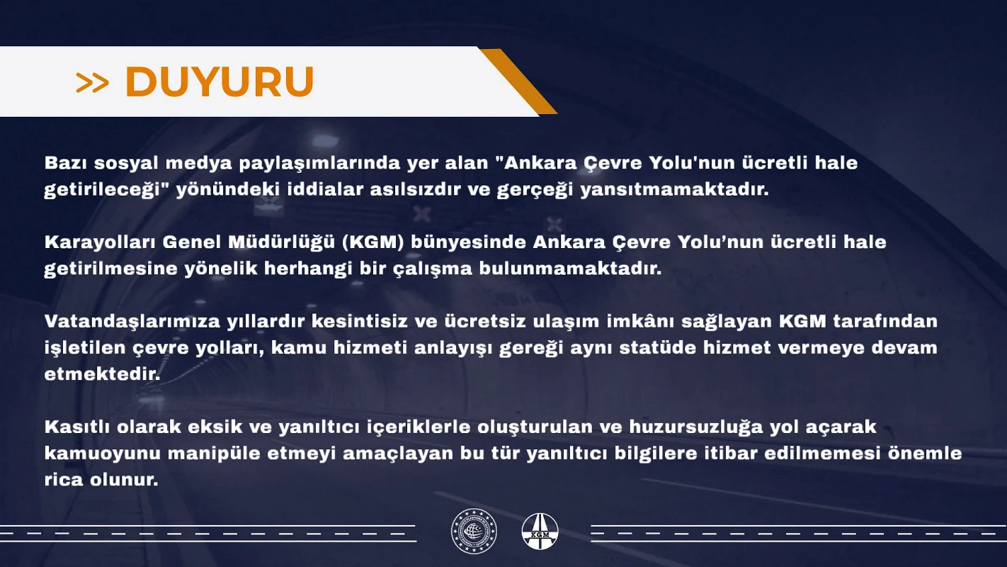 KGM'den 'Ankara Çevre Yolu'nun ücretli hale getirileceği' iddialarına yalanlama