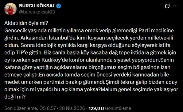 Kılıçdaroğlu'na kalkan olan Burcu Köksal'dan TİP'li Kadıgil'e sert tepki: Aldatıldın öyle mi?
