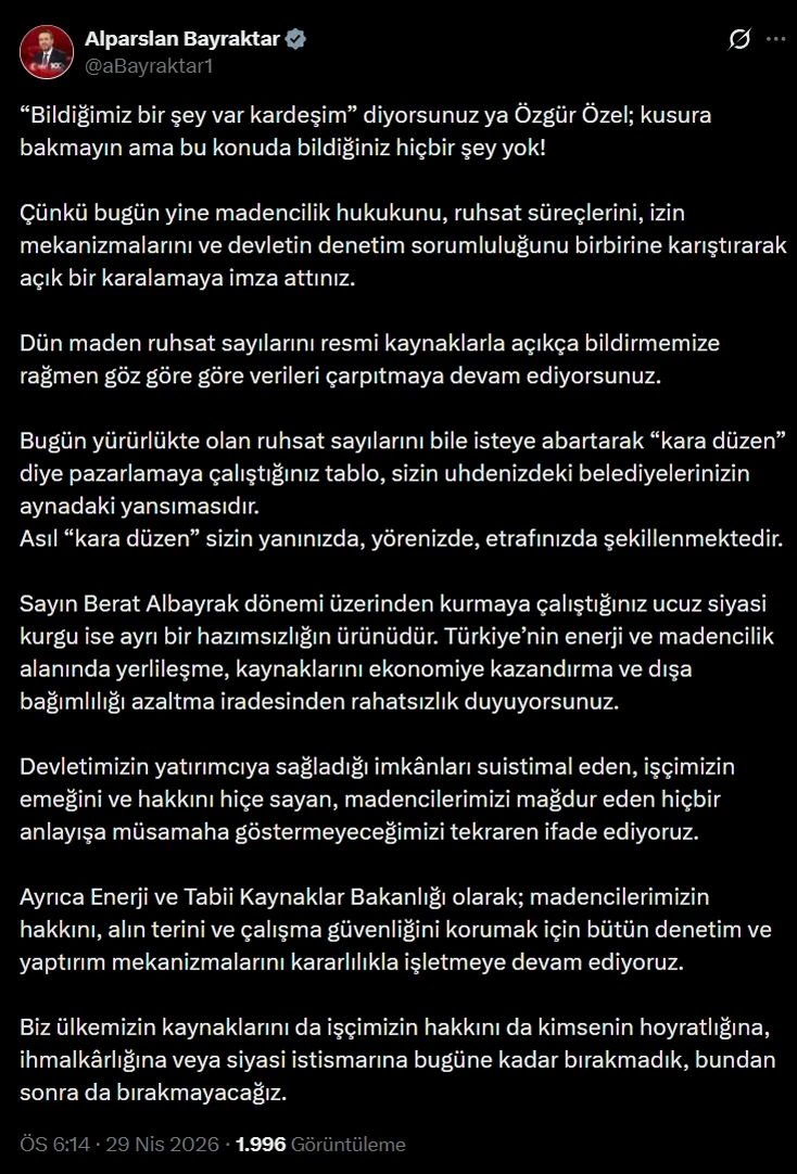 Özgür Özel'in 'maden ruhsatı' iddiasına Bakan Bayraktar'dan yalanlama: Bildiğiniz hiçbir şey yok